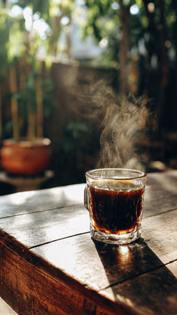 A cup of coffee on a wooden table in the garden. Close-up.の写真素材