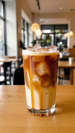 Iced coffee on wood table in coffee shop cafe, stock photoの写真素材