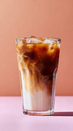 Iced coffee in a tall glass on a pink and orange background