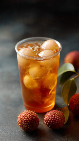 Fresh ripe lychee fruit with ice in glass on dark backgroundの写真素材