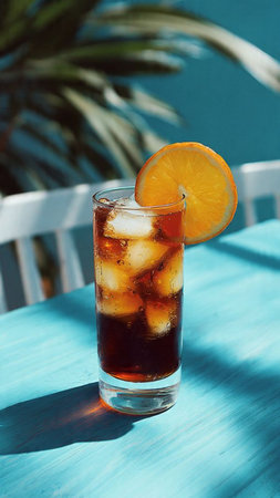 Glass of cola with ice cubes and slice of orange on blue tableの写真素材