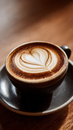 Coffee cup with latte art on wooden table, stock photo