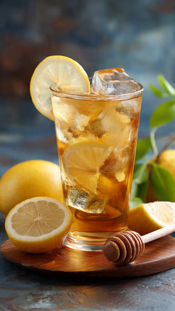 Glass of iced tea with lemon and honey on color wooden backgroundの写真素材