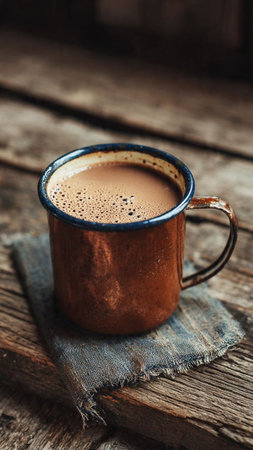 coffee in a copper mug on a wooden background, rustic style