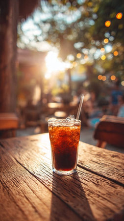 Glass of cola with ice on wooden table in coffee shop.の写真素材