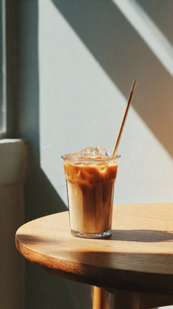 Iced coffee in a glass with straw on a wooden table.