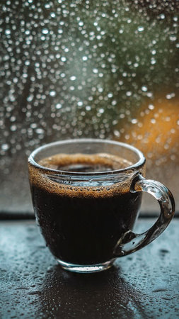 Coffee in a glass cup with raindrops on the window