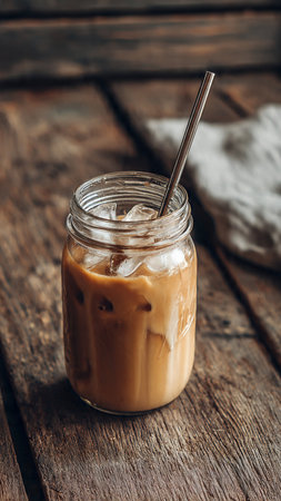 Iced coffee in a glass jar on a rustic wooden backgroundの写真素材