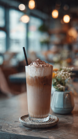 Iced coffee with milk on the table in coffee shop, stock photoの写真素材