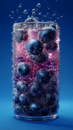 Blueberry drink in a glass with ice cubes on a blue backgroundの写真素材