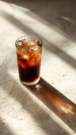 Cola with ice cubes in a glass on a white textured background