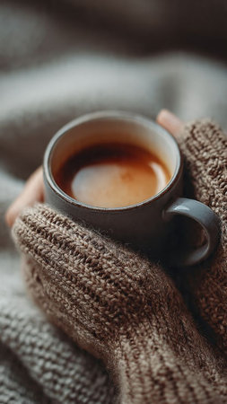 Female hands in warm knitted sweater holding cup of hot coffee.の写真素材