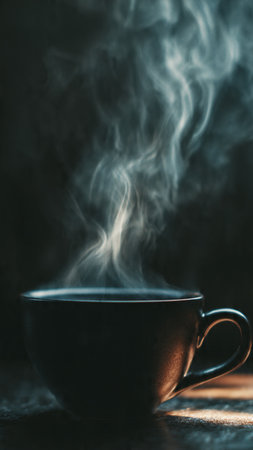 Cup of hot coffee with smoke on dark background. Copy space.