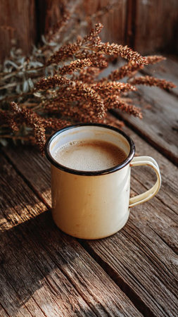 Coffee cup and dry grass on wooden background. Vintage style.の写真素材