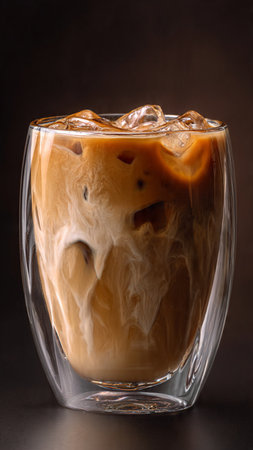 Iced coffee with milk in a glass on a dark background.の写真素材