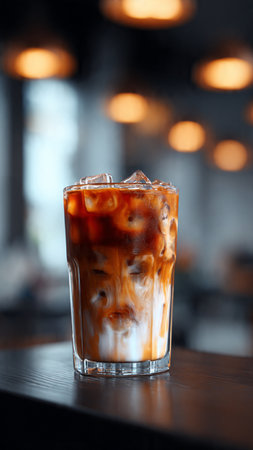 Iced coffee in a glass on a table in a cafe.の写真素材