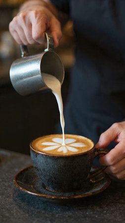 Barista pouring milk into a cup of latte art coffee.の写真素材