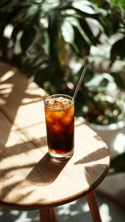 Glass of refreshing cola with ice cubes on wooden table in cafeの写真素材