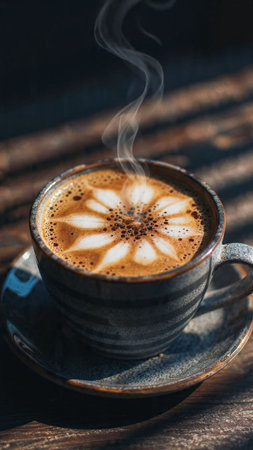 Cup of coffee with latte art on the wooden table.の写真素材