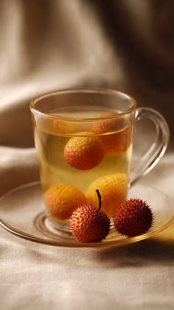 Litchi fruit tea in a glass cup on a brown backgroundの写真素材