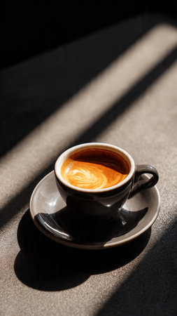 Cup of coffee on the table in the morning light with shadowの写真素材