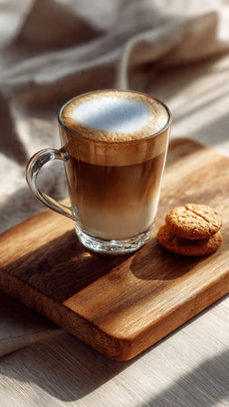 Cup of cappuccino on a wooden board with cookiesの写真素材