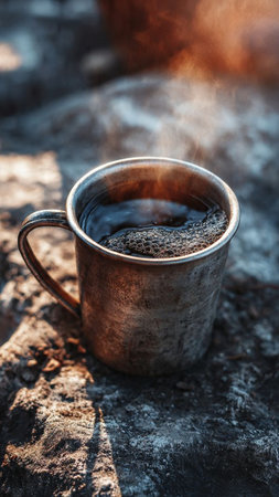 Cup of hot coffee on a campfire in the woods.の写真素材