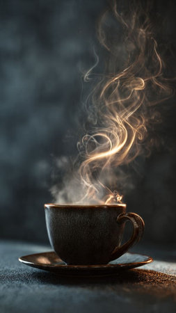 Cup of hot coffee with steam on dark background. Copy space.の写真素材