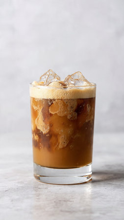 Iced coffee with ice cubes in a glass on a light background