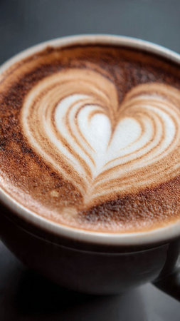 Coffee cup with heart shape latte art on wooden tableの写真素材