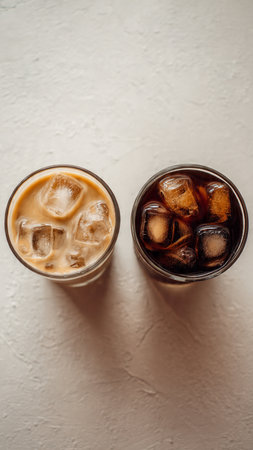 Two glasses of ice coffee with ice cubes on white background, top viewの写真素材