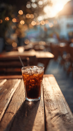 Iced cola in glass on wooden table in coffee shop.の写真素材