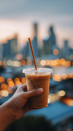 Woman hand holding iced coffee with blur cityscape background, stock photoの写真素材