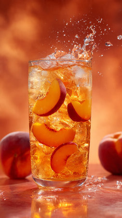 Peach cocktail with ice cubes and splashes on orange background.の写真素材
