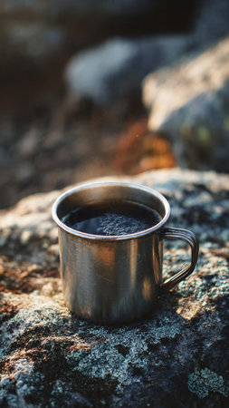 Cup of coffee on a stone in the mountains. Selective focus.