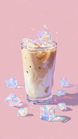 Iced coffee with ice cubes on pastel pink background. 3d illustrationの写真素材