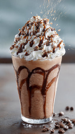 Chocolate milkshake with whipped cream and chocolate sprinkles.