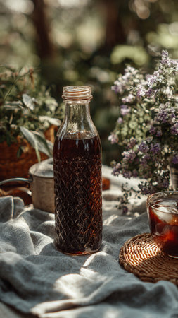 A glass bottle of homemade tincture on a table in the gardenの写真素材