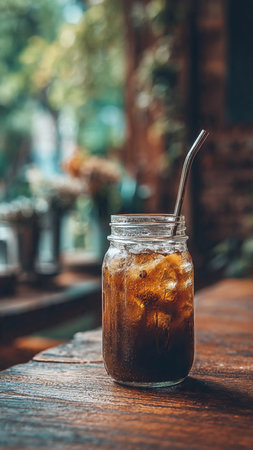 Iced cola in glass jar on wooden tableの写真素材