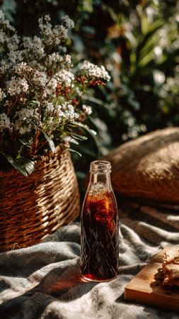 A bottle of cola with ice cubes and a wicker basket on the tableの写真素材