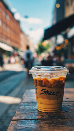 Iced coffee in plastic cup on wooden table in the city.の写真素材
