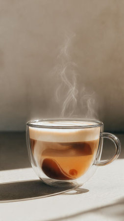 Cup of coffee on a light background with shadows from the windowの写真素材