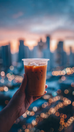 Iced coffee in plastic cup in hand with cityscape background.の写真素材