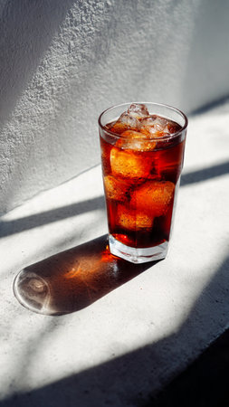 Cola with ice cubes in a glass on a white wall background.