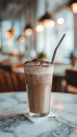 Iced chocolate with whipped cream on white marble table in coffee shopの写真素材