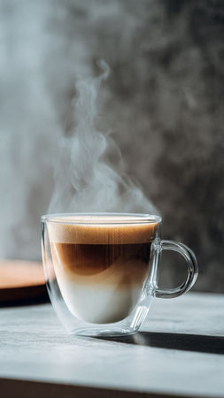 Coffee in a glass cup on a table with steamの写真素材