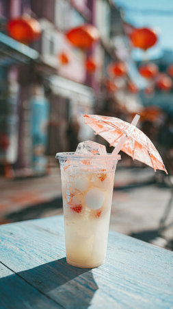 Cocktail in a glass with ice and strawの写真素材