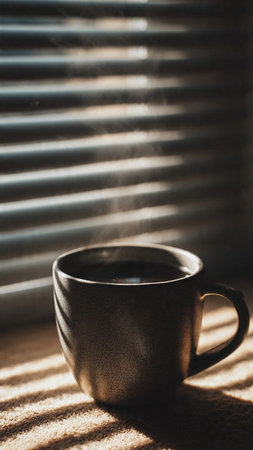 Cup of coffee on a background of blinds and sunlight.の写真素材