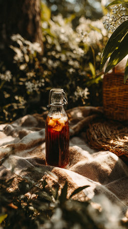 Coffee in a glass bottle on a background of nature.の写真素材