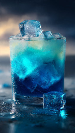 Cold blue cocktail with ice cubes on dark blue background, closeupの写真素材